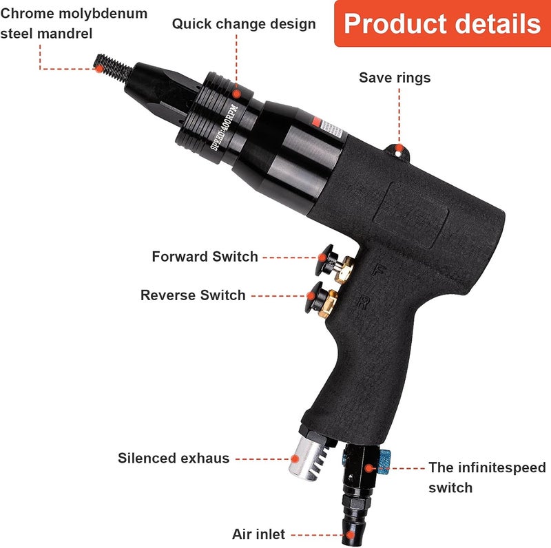 Clatoon Pneumatic Rivet Nut Gun with 10-24 & 1/4 & 5/16 & 3/8 Self-Locking Head, Adjustable Speed Air Rivet Gun, Air Rivet Nut Tool Kit with 4 Size Quick-Change, 6pcs Mandrels Included with Each Size - Image 2
